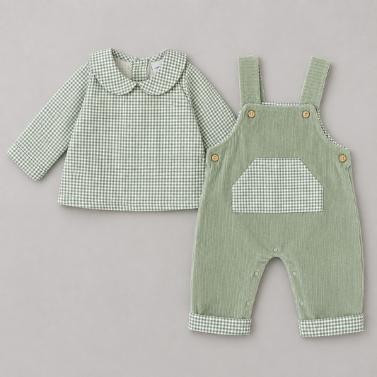 Conjunto bebé niña blusa cuadros vichy verde y peto de pana verde con bolsillo