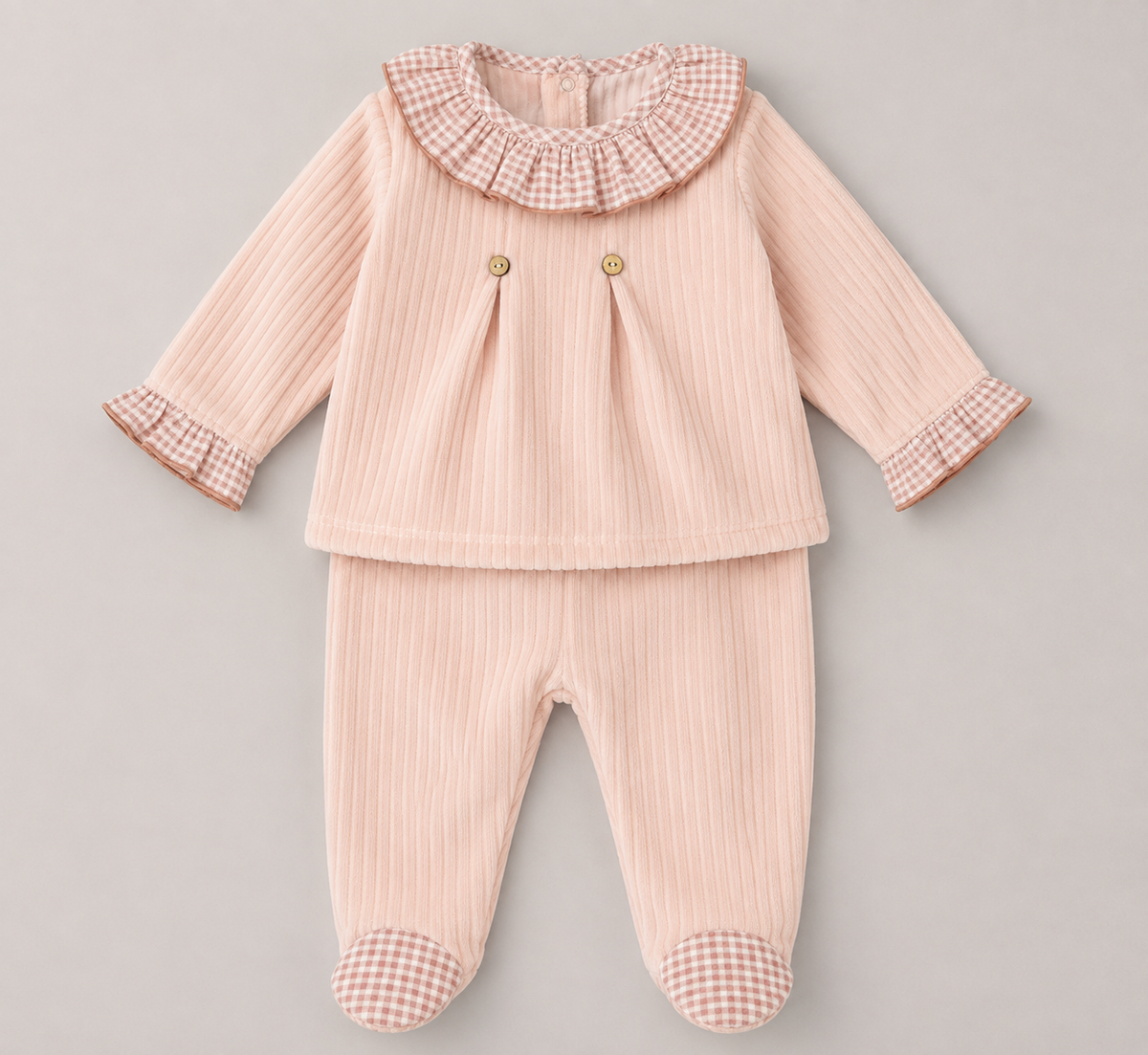 Conjunto bebé niña pana rosa con cuello volante vichy y pantalón con pie integrado