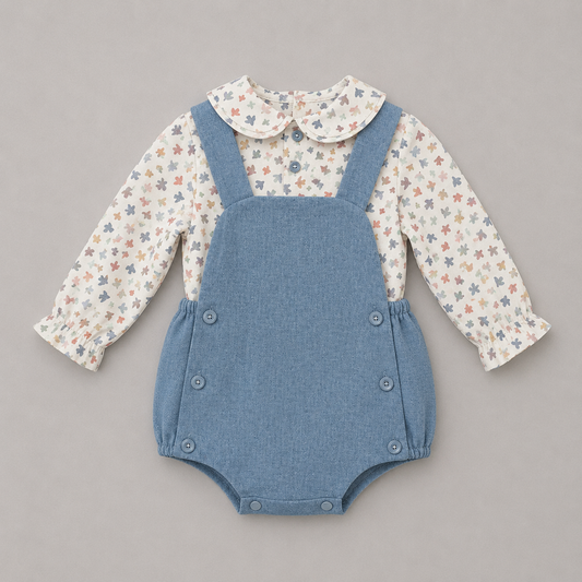Conjunto bebé niña camisa ositos ranita azul tirantes