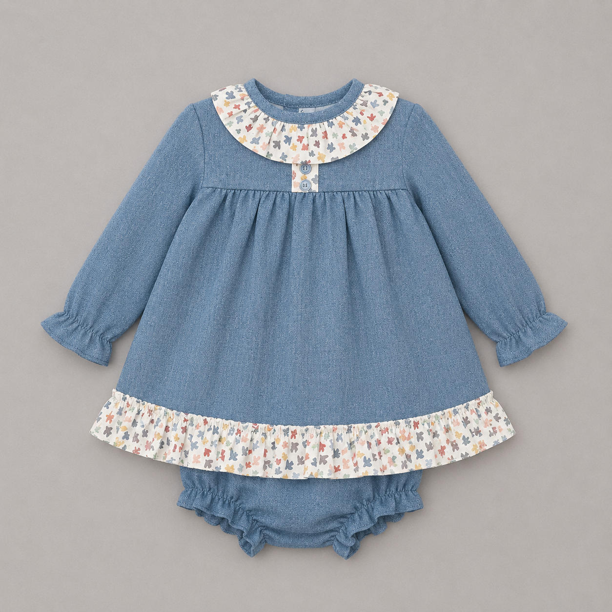 Conjunto bebé niña vestido azul ositos braguita volante