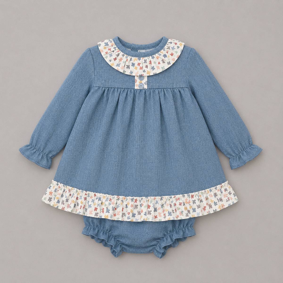 Conjunto bebé niña vestido azul ositos braguita volante