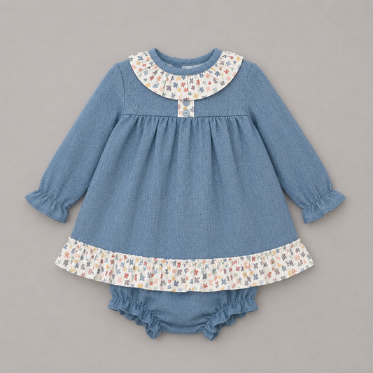 Conjunto bebé niña vestido azul ositos braguita volante