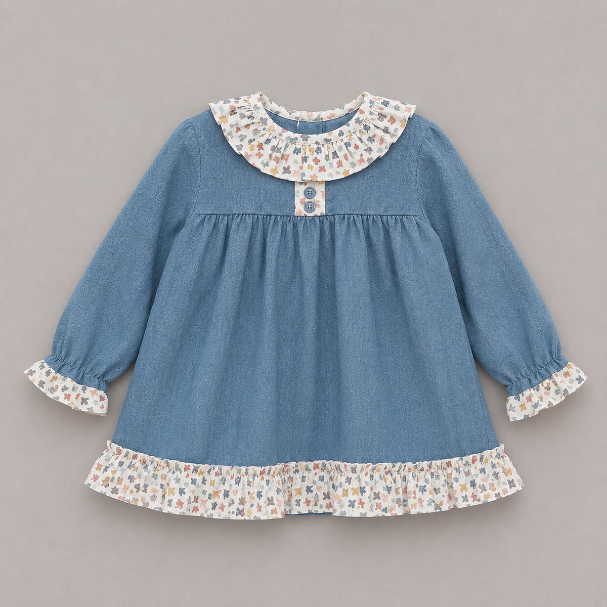 Vestido bebé niña azul cuello ositos volantes puños