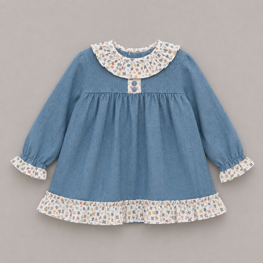 Vestido bebé niña azul cuello ositos volantes puños