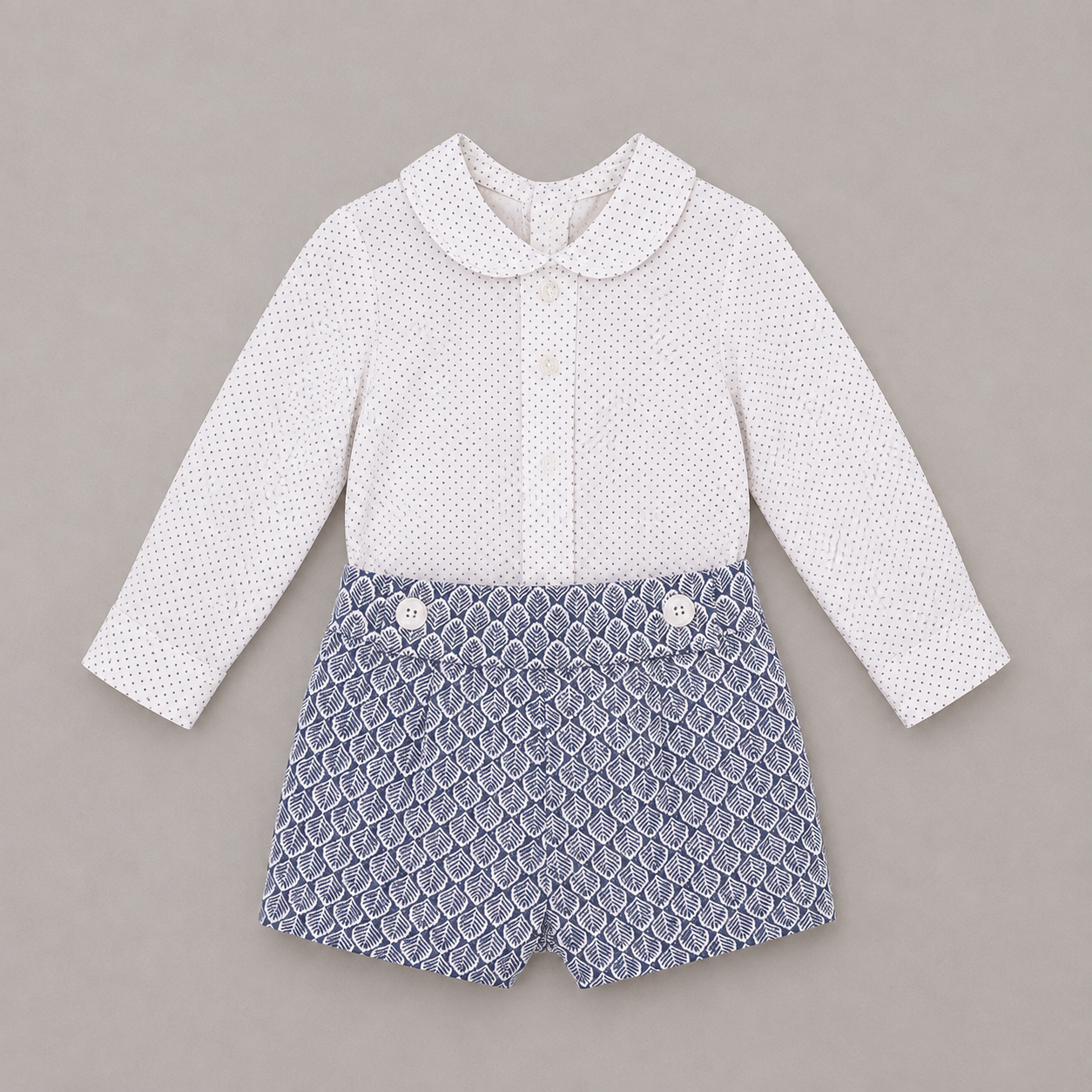 Conjunto bebé niño camisa lunares pantalón hojas marino