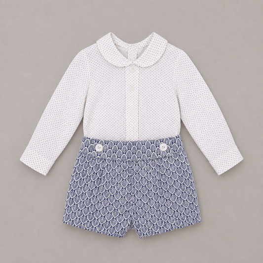 Conjunto bebé niño camisa lunares pantalón hojas marino
