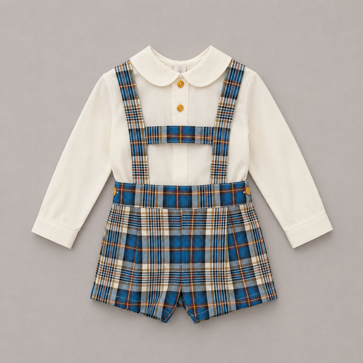 Conjunto bebé niño camisa blanca peto cuadros tartan azul tirantes