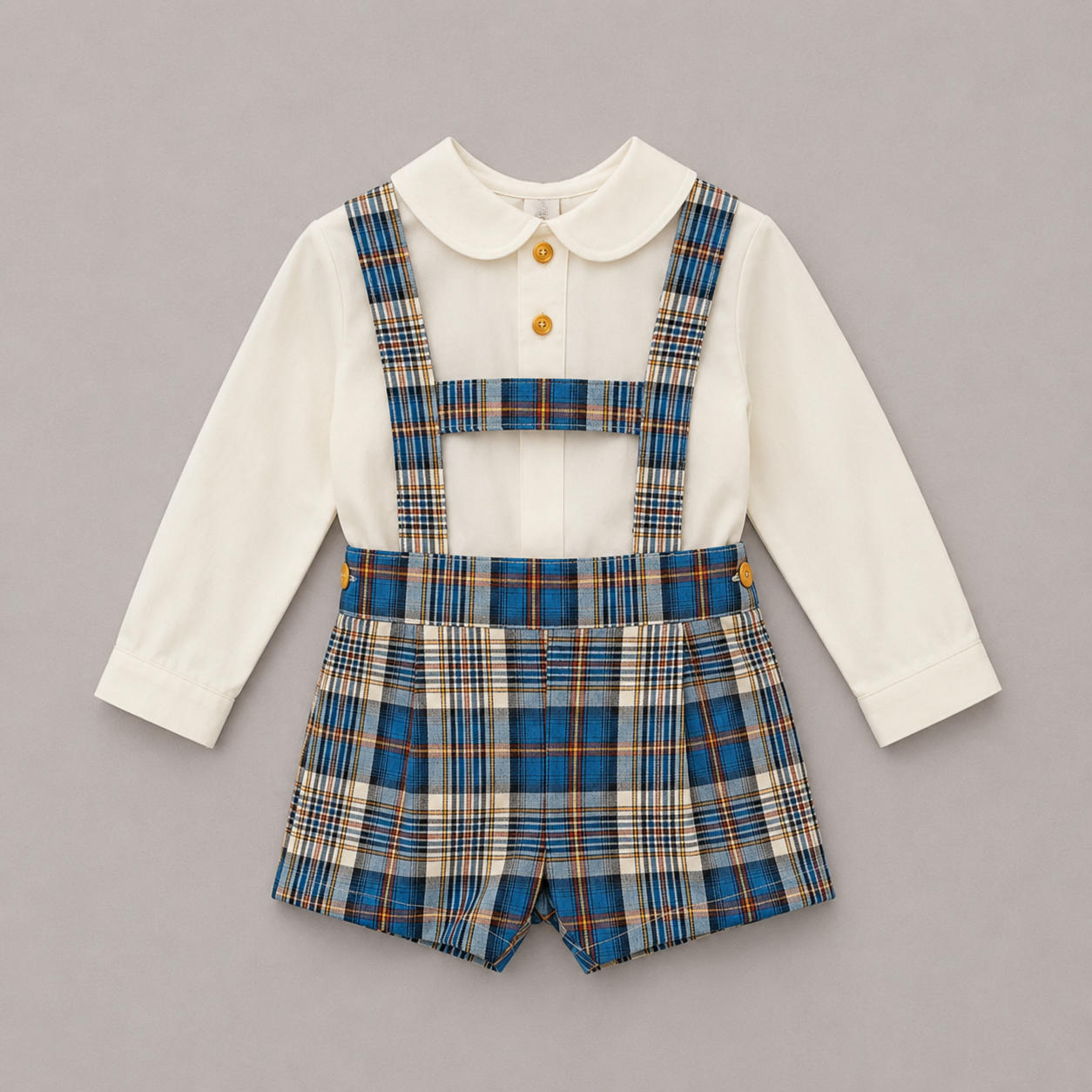 Conjunto bebé niño camisa blanca peto cuadros tartan azul tirantes