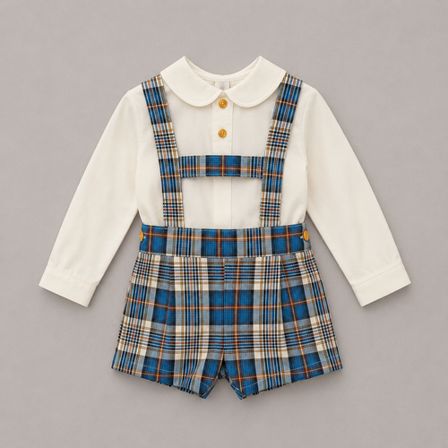 Conjunto bebé niño camisa blanca peto cuadros tartan azul tirantes