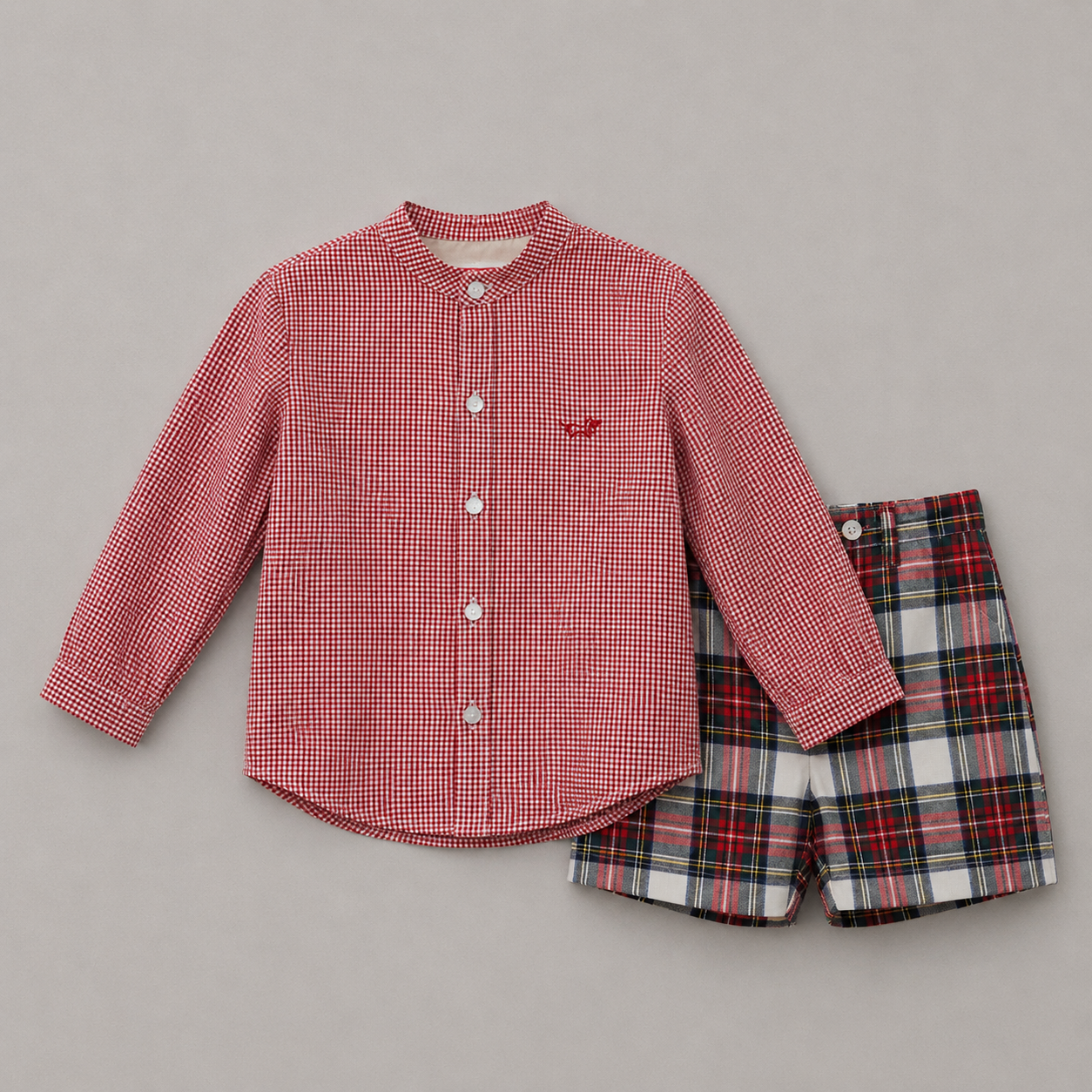 Conjunto niño camisa vichy rojo pantalón cuadros tartan