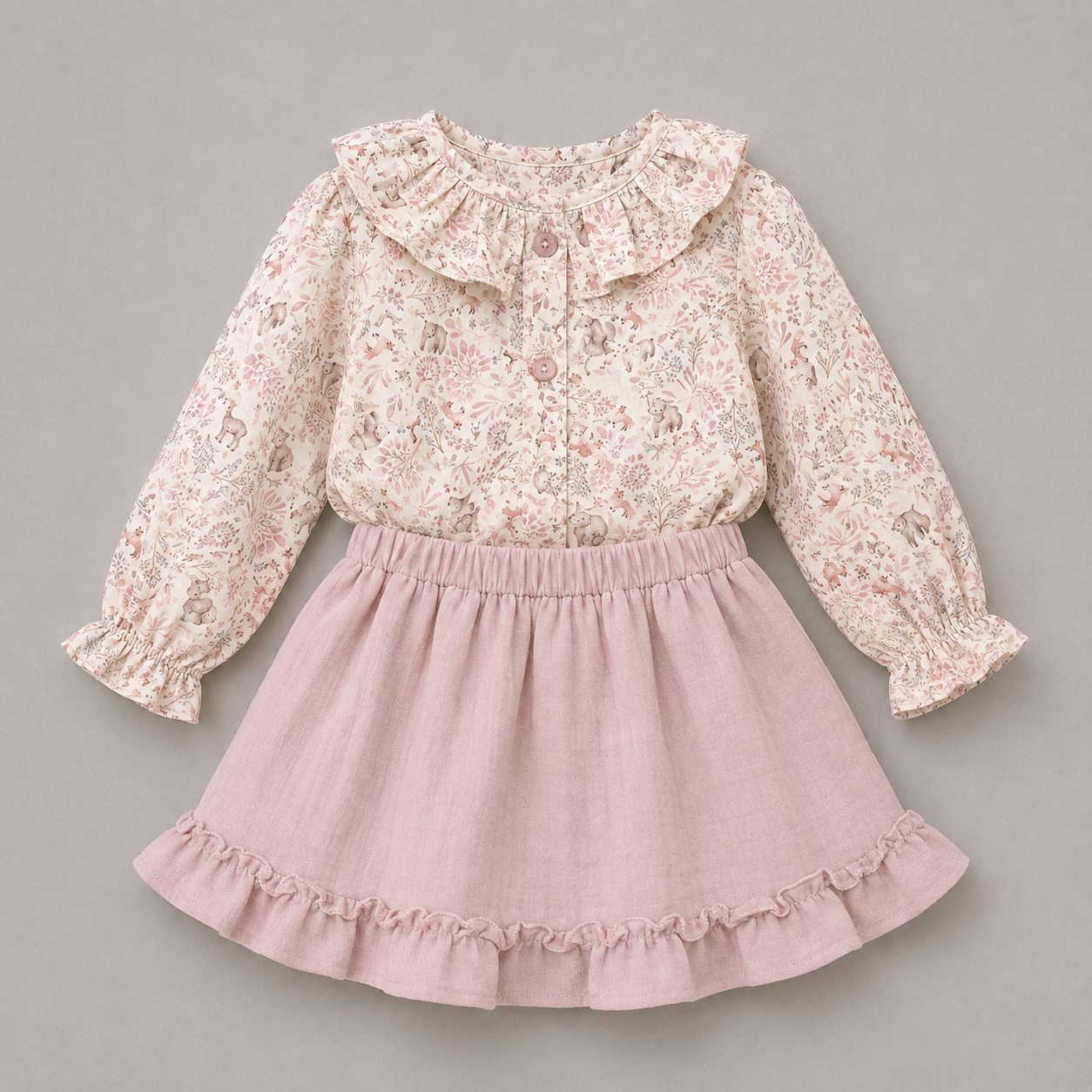 Conjunto niña blusa estampado animales bosque pastel falda pana rosa volante