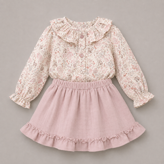 Conjunto niña blusa estampado animales bosque pastel falda pana rosa volante