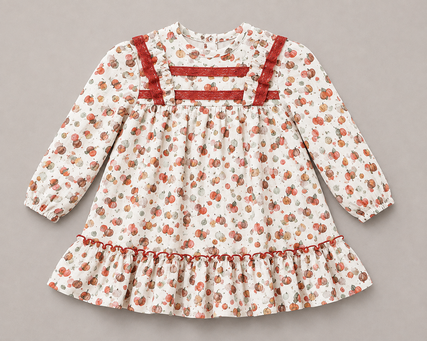 Vestido bebé niña estampado manzanas frutas encaje rojo volante