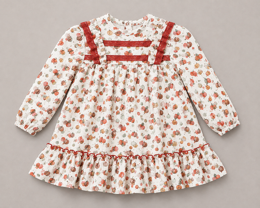 Vestido bebé niña estampado manzanas frutas encaje rojo volante