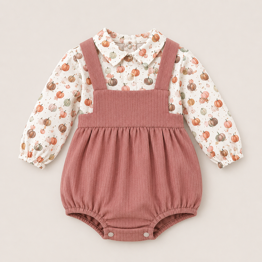 Conjunto bebé niña camisa estampado calabazas ranita tirantes rosa empolvado