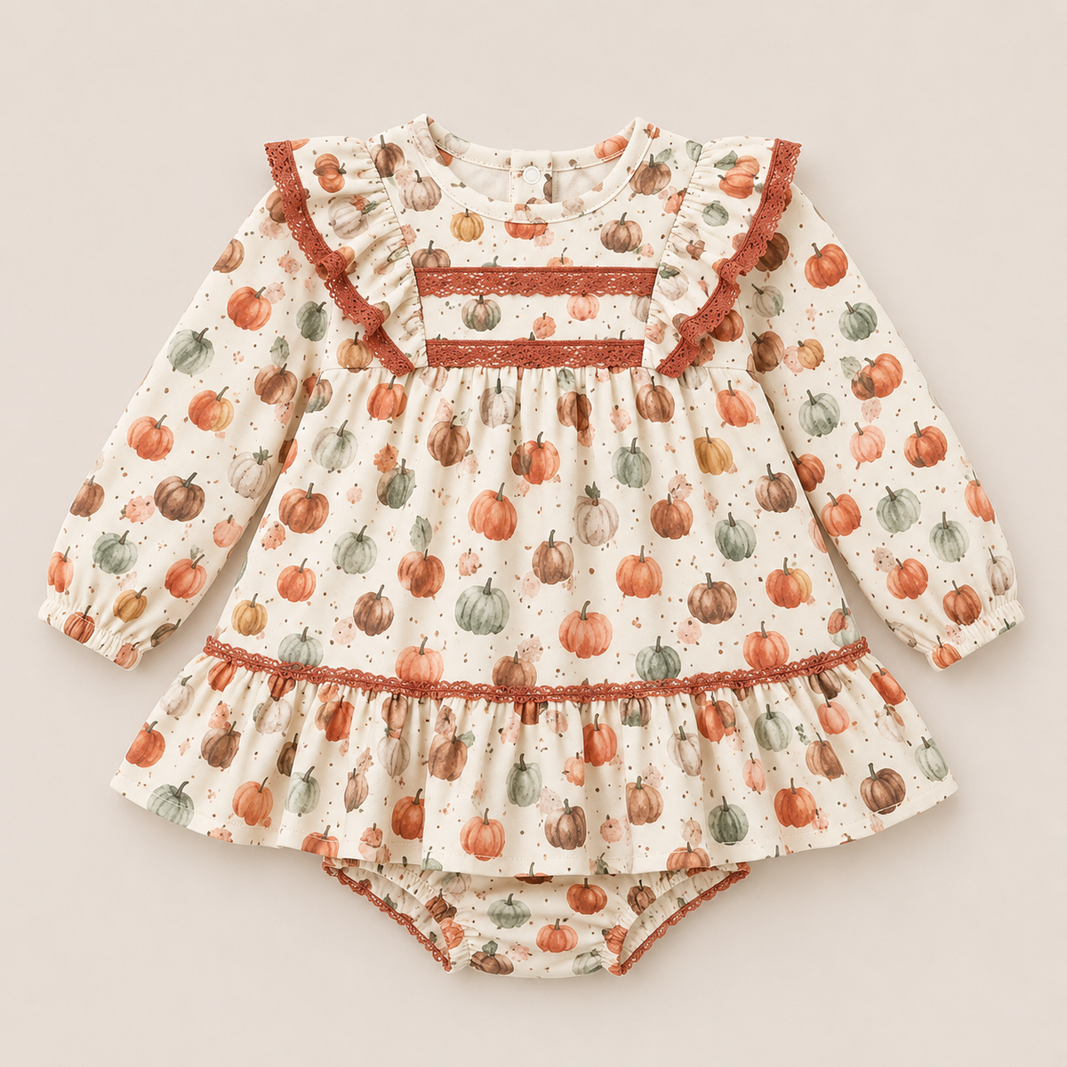 Conjunto bebé niña vestido estampado calabazas encaje teja volante braguita