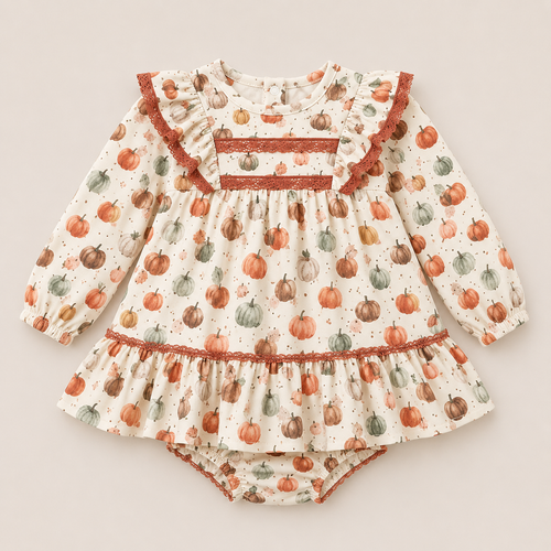 Conjunto bebé niña vestido estampado calabazas encaje teja volante braguita