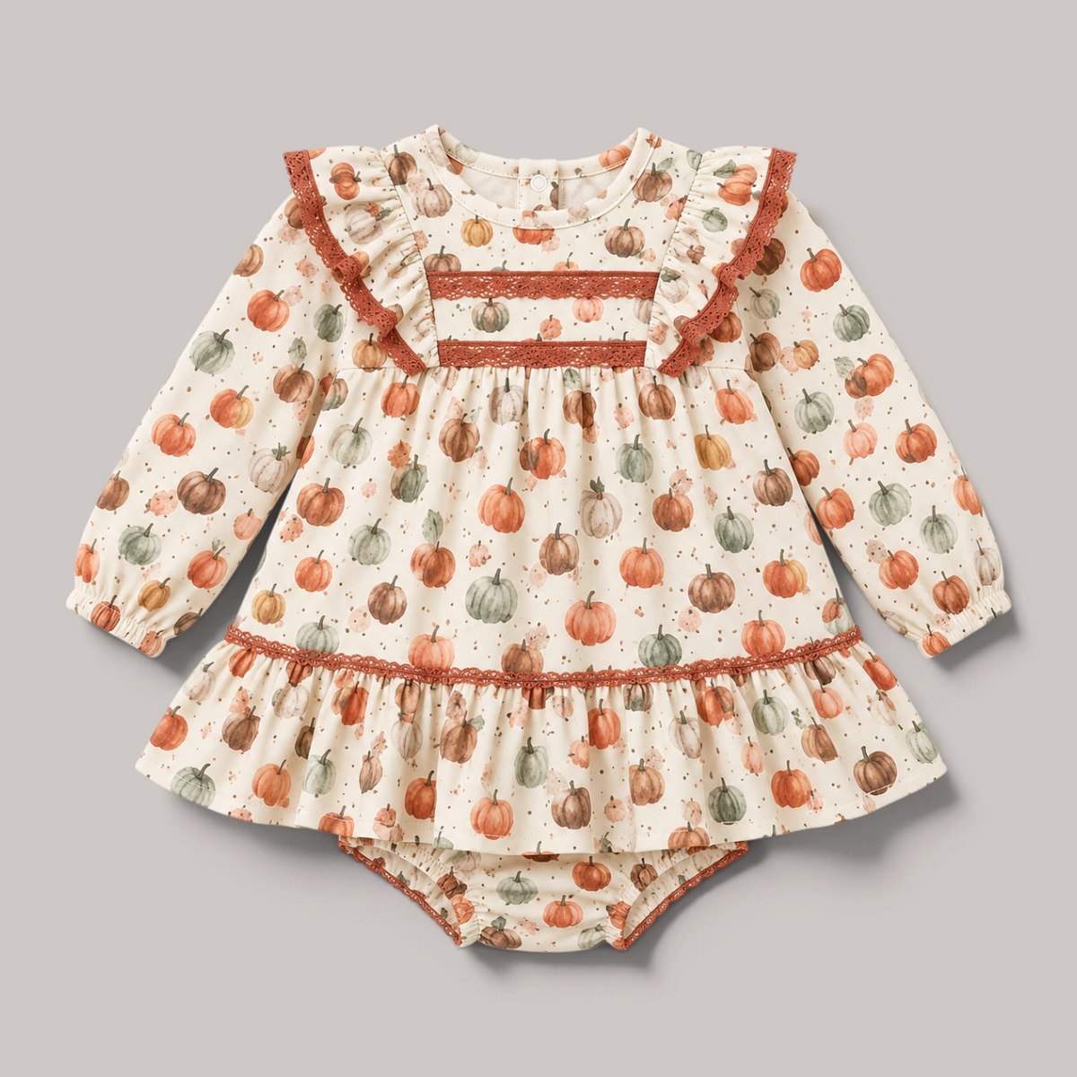 Conjunto bebé niña vestido estampado calabazas encaje teja volante braguita