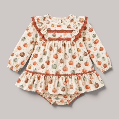 Conjunto bebé niña vestido estampado calabazas encaje teja volante braguita
