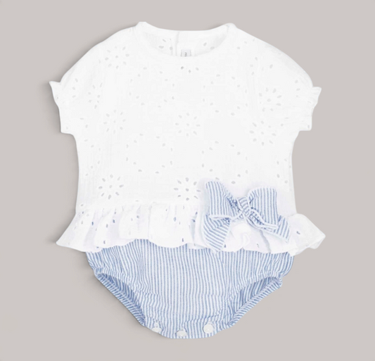 Pelele para bebé niña NAVIA en blanco con bordado, rayas azules y lazo decorativo lateral