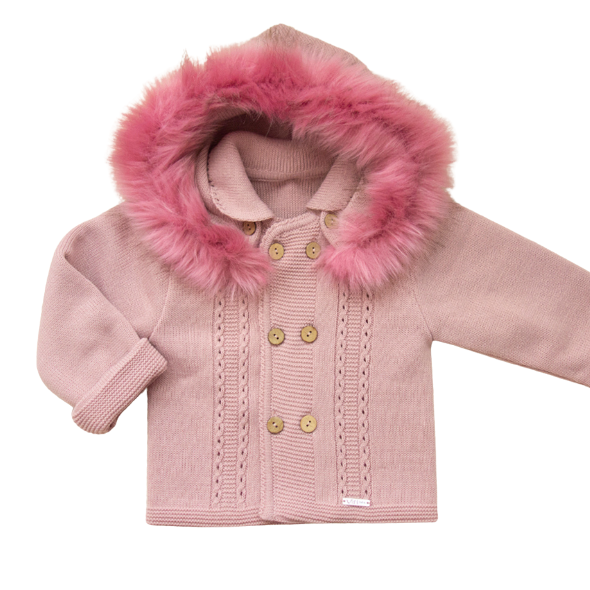 Abrigo de Punto con Gran Capucha de Pelo - Rosa