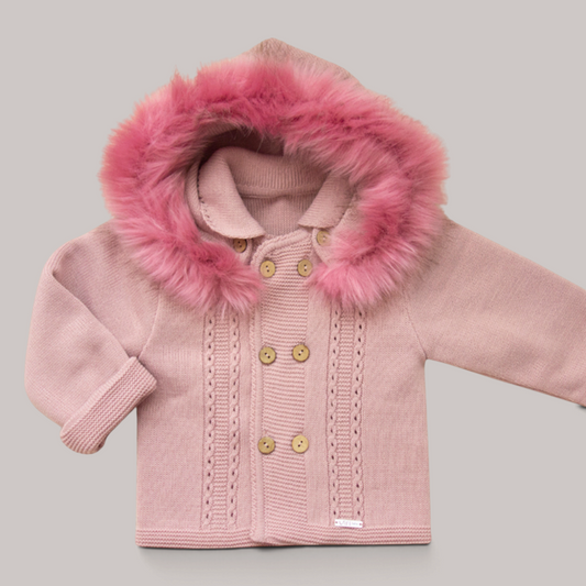 Abrigo de Punto con Gran Capucha de Pelo - Rosa