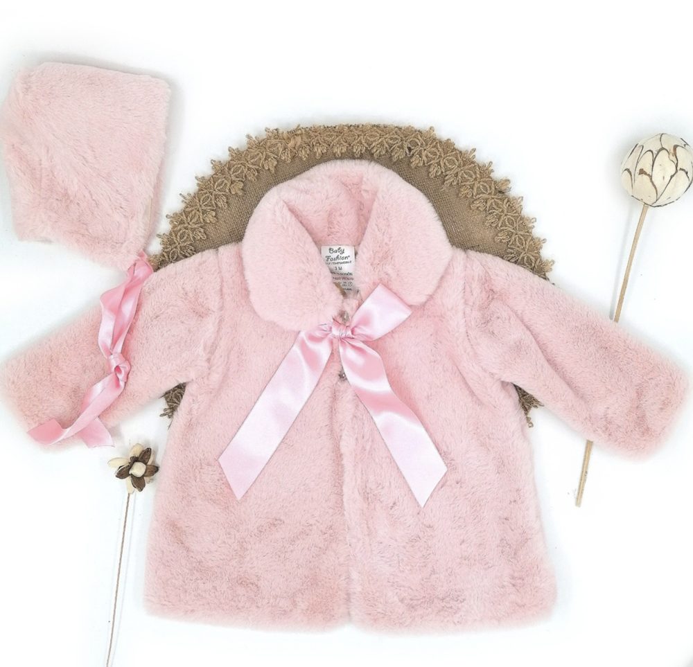 Abrigo de Pelo Rosa con Lazo y Capota BABY FASHION
