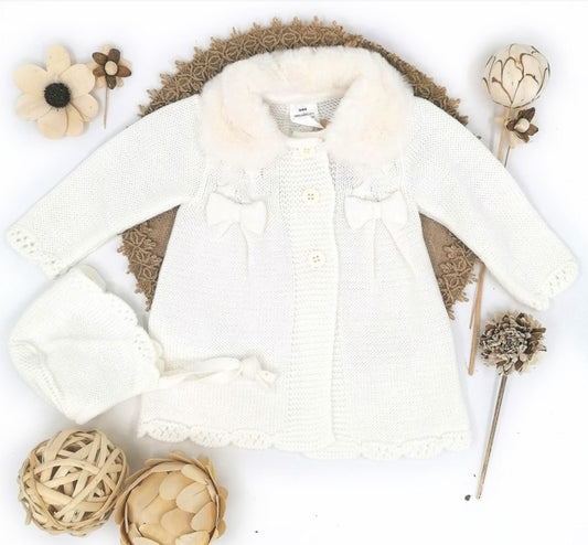 Abrigo de Punto con Cuello de Pelo y Capota BABY FASHION - Crudo
