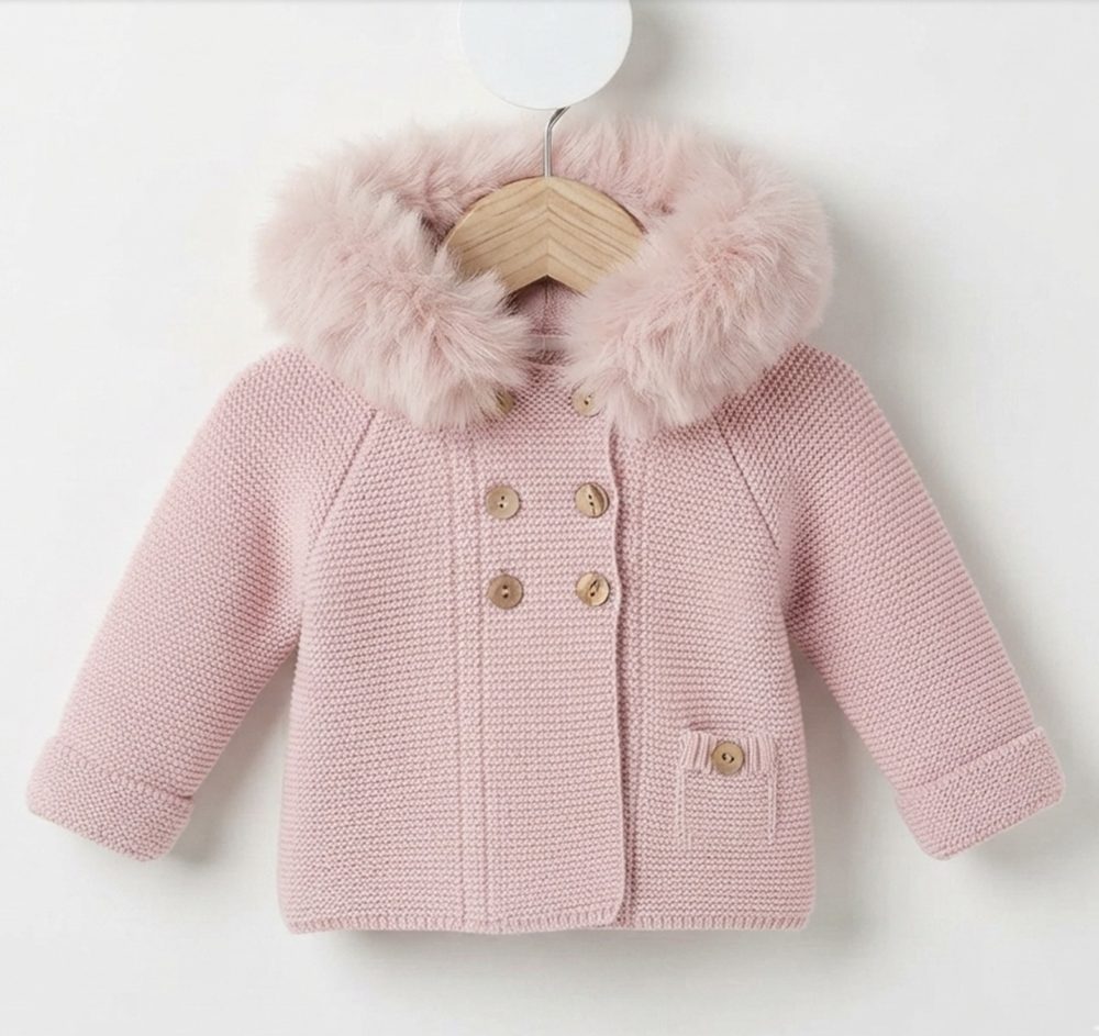 Abrigo de Punto con Gran Capucha de Pelo - Rosa