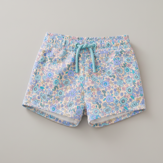 Bañador infantil floral azul fondo gris perla