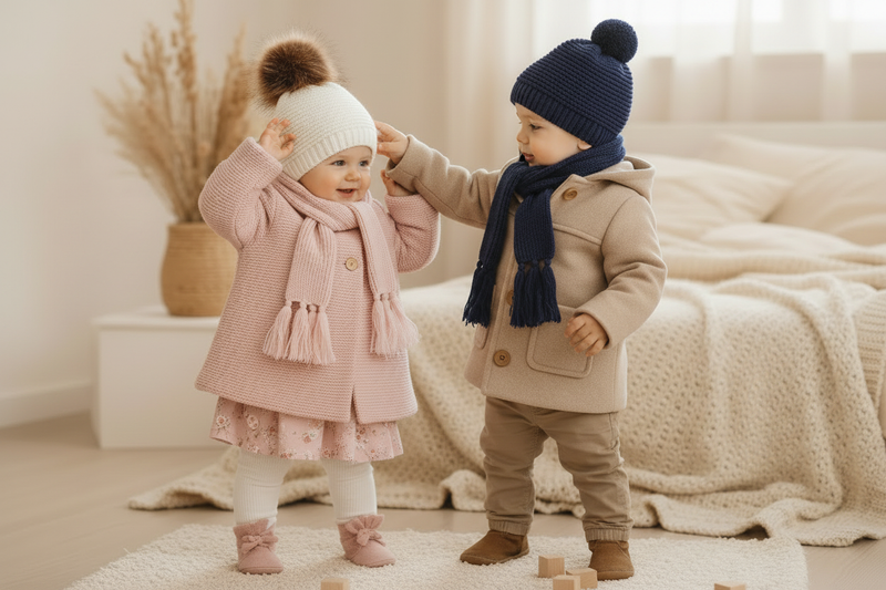Bebés con abrigos gorros y bufandas ayudándose