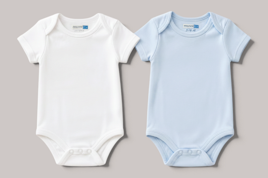 Dos bodies para bebé NAVIA de algodón premium, uno blanco y otro azul claro, con diseño ergonómico y cierre a presión.