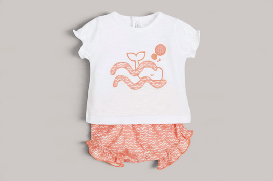 Conjunto de verano NAVIA para bebé con camiseta blanca de ballena coral y pololo estampado de algodón suave
