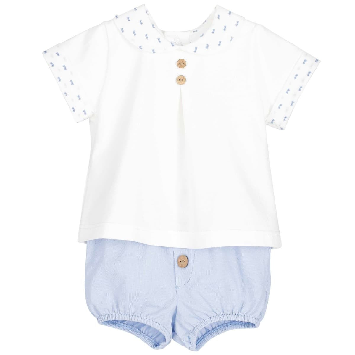 Conjunto bebé con camiseta blanca y cubrepañal azul cielo