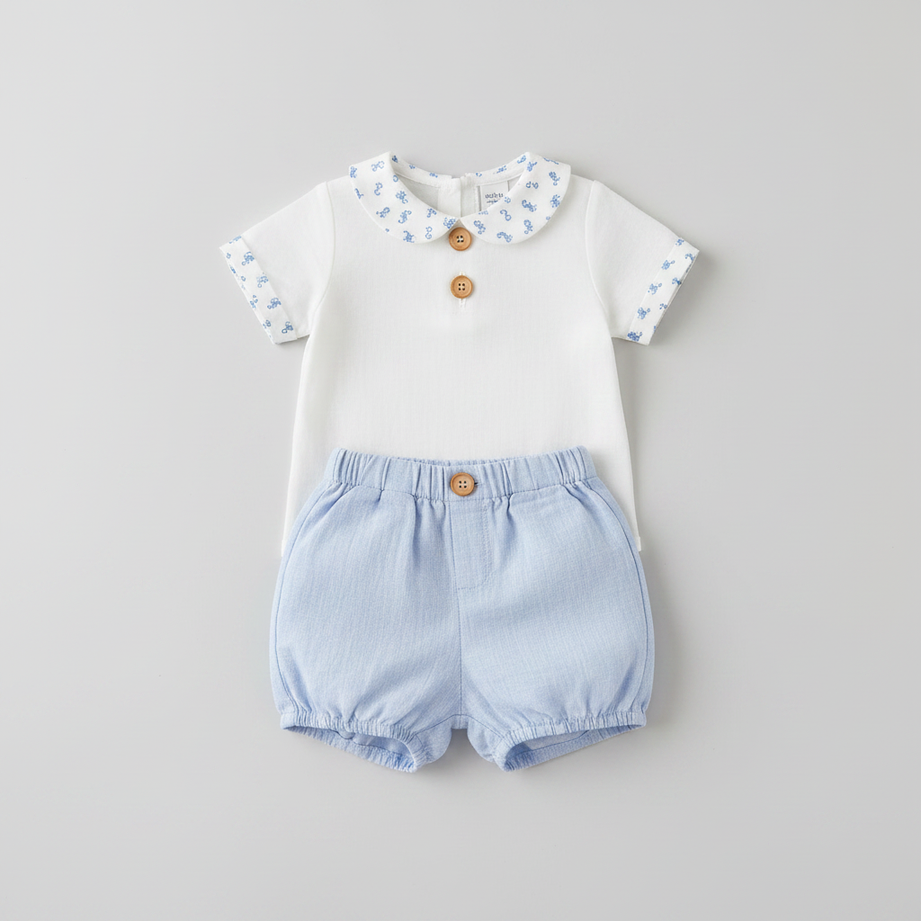 Conjunto bebé con camiseta blanca y cubrepañal azul cielo