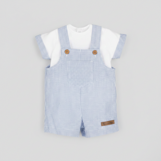 Conjunto bebé con peto de rayas azul y camiseta blanca