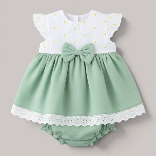 Conjunto NAVIA para bebé con chambrita blanca bordada, falda verde, lazo decorativo y braguita a juego.