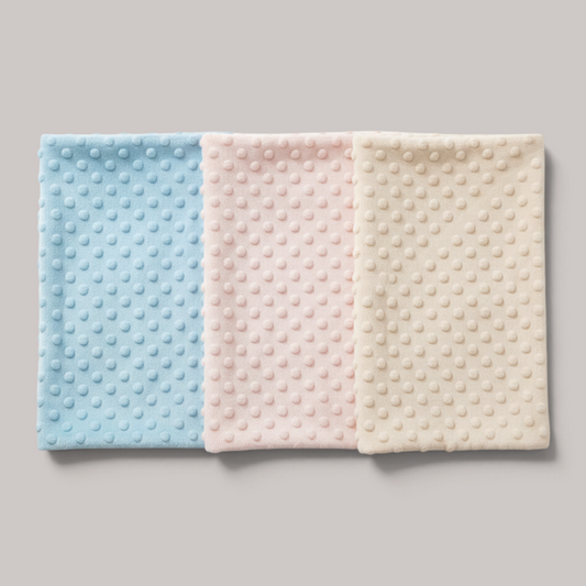 Manta bebé minky dots en azul rosa y beige sobre fondo blanco