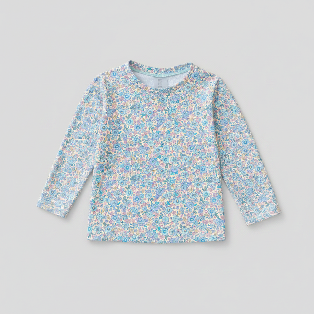 Camiseta de baño infantil floral azul de manga larga unisex sobre fondo gris perla