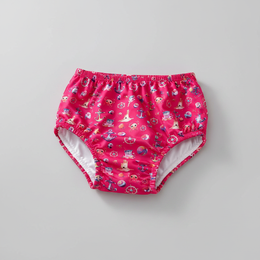 Braguita de baño bebé estampado marino rosa fucsia sobre fondo gris perla