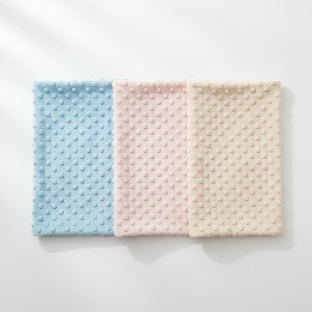 Manta bebé minky dots en azul rosa y beige sobre fondo blanco