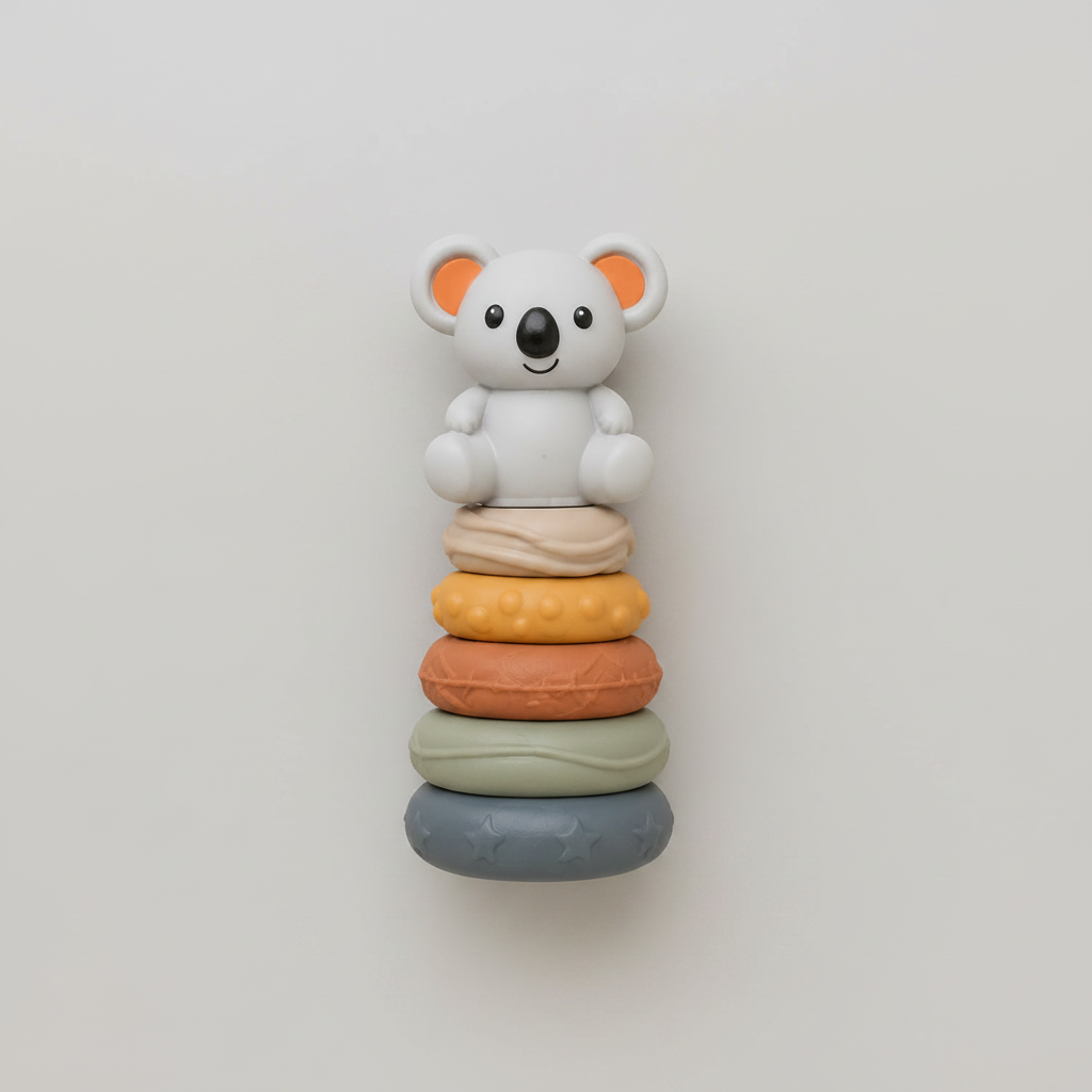 Juguete sensorial de silicona koala apilable Gamberritos sobre fondo gris perla