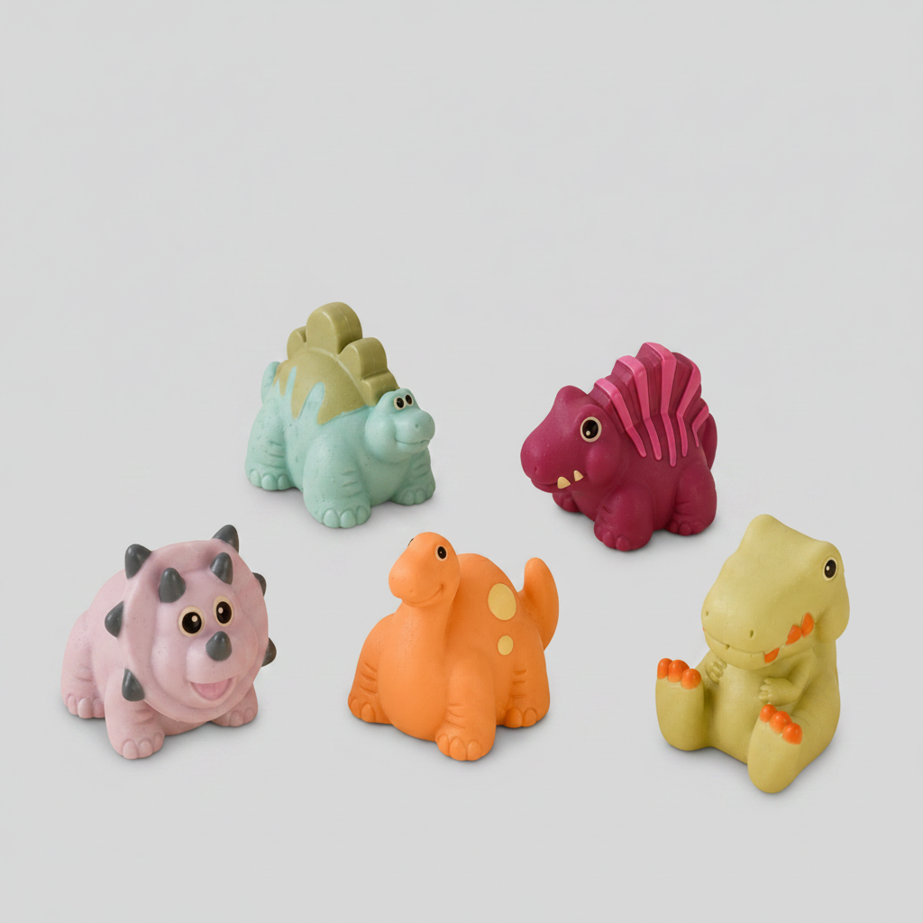 Juguetes de baño dinosaurios sensoriales set 5 piezas Kiokids sobre fondo gris perla