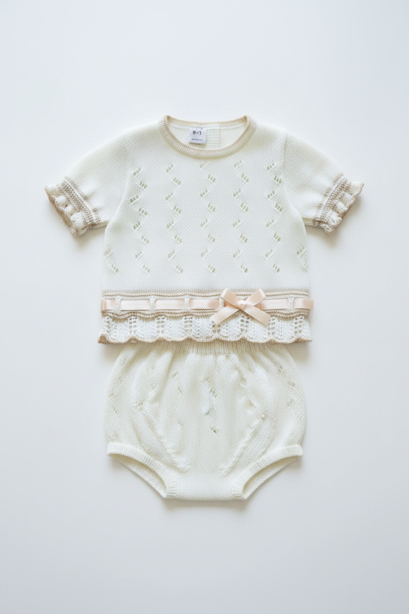 Conjunto bebé crudo punto unisex camisa y braguita en plano sobre fondo blanco
