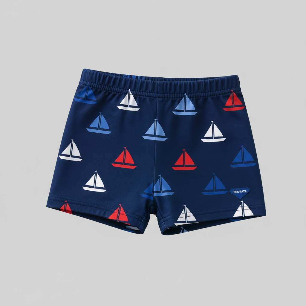 Bañador boxer bebé niño marino con estampado de veleros sobre fondo gris perla