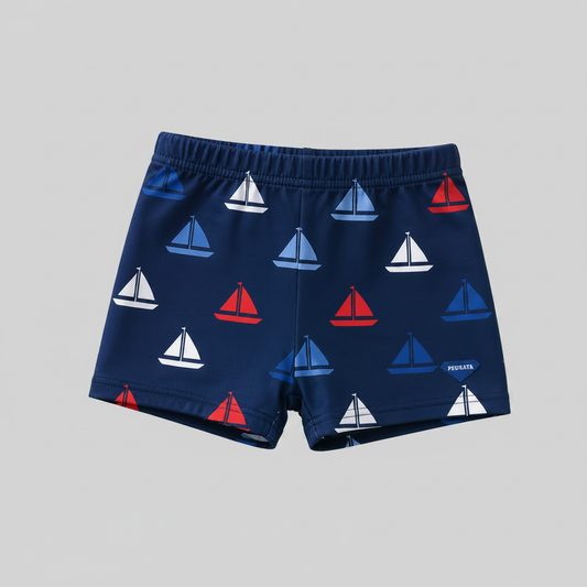Bañador boxer bebé niño marino con estampado de veleros sobre fondo gris perla