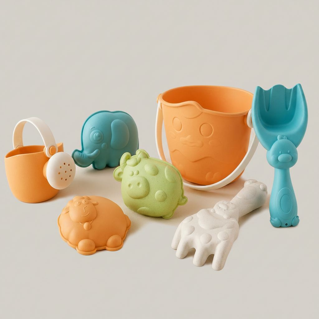 Set de playa infantil de silicona con cubo y accesorios sobre fondo gris perla