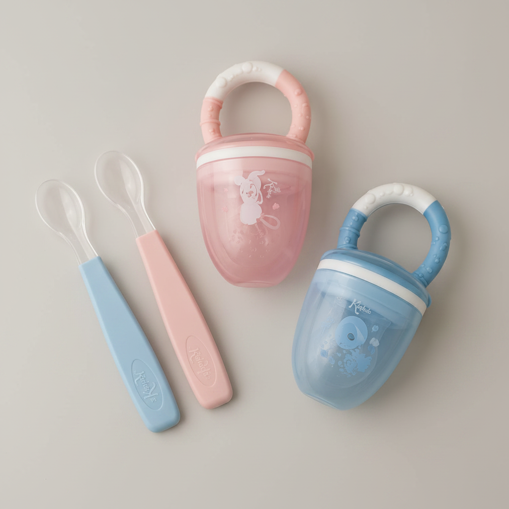 Set de alimentación Kiokids con cucharas de silicona sobre fondo gris perla