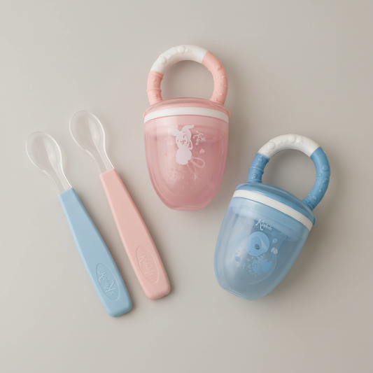 Set de alimentación Kiokids con cucharas de silicona sobre fondo gris perla