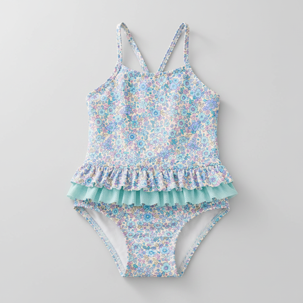 Bañador infantil floral azul con volantes sobre fondo gris perla
